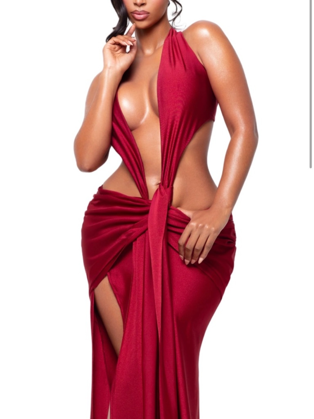 Plunge Halter Red High-Low Knot Maxi Dress